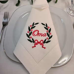 Christmas Napkin With Mistletoe and Name Embroidered,Personalized Napkin, Hemstitched Linen Napkin, Hemstitched Linen Christmas Napkin