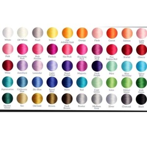 May include: A colour chart of embroidery floss with 48 different colours, including white, off white, pearl, yellow, old athletic gold, orange, flesh, carrot, salmon, light pink, pink, bermuda pink, pink passion, fuchsia, hot pink, shocking pink, deep pink, fire engine red, scarlet, cherry, wine, amethyst, lavender, light violet, regal purple, magenta, dark purple, mint, blue harmony, tahoe blue, aquamarine, california blue, sky blue, royal blue, navy, teal, cape green, lime, midori green, irish green, hunter green, tan, old gold, brown, dark brown, pewter, medium grey, silver, charcoal, and black.