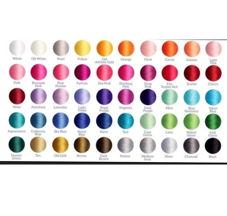 May include: A colour chart of embroidery floss with 48 different colours, including white, off white, pearl, yellow, old athletic gold, orange, flesh, carrot, salmon, light pink, pink, bermuda pink, pink passion, fuchsia, hot pink, shocking pink, deep pink, fire engine red, scarlet, cherry, wine, amethyst, lavender, light violet, regal purple, magenta, dark purple, mint, blue harmony, tahoe blue, aquamarine, california blue, sky blue, royal blue, navy, teal, cape green, lime, midori green, irish green, hunter green, tan, old gold, brown, dark brown, pewter, medium grey, silver, charcoal, and black.