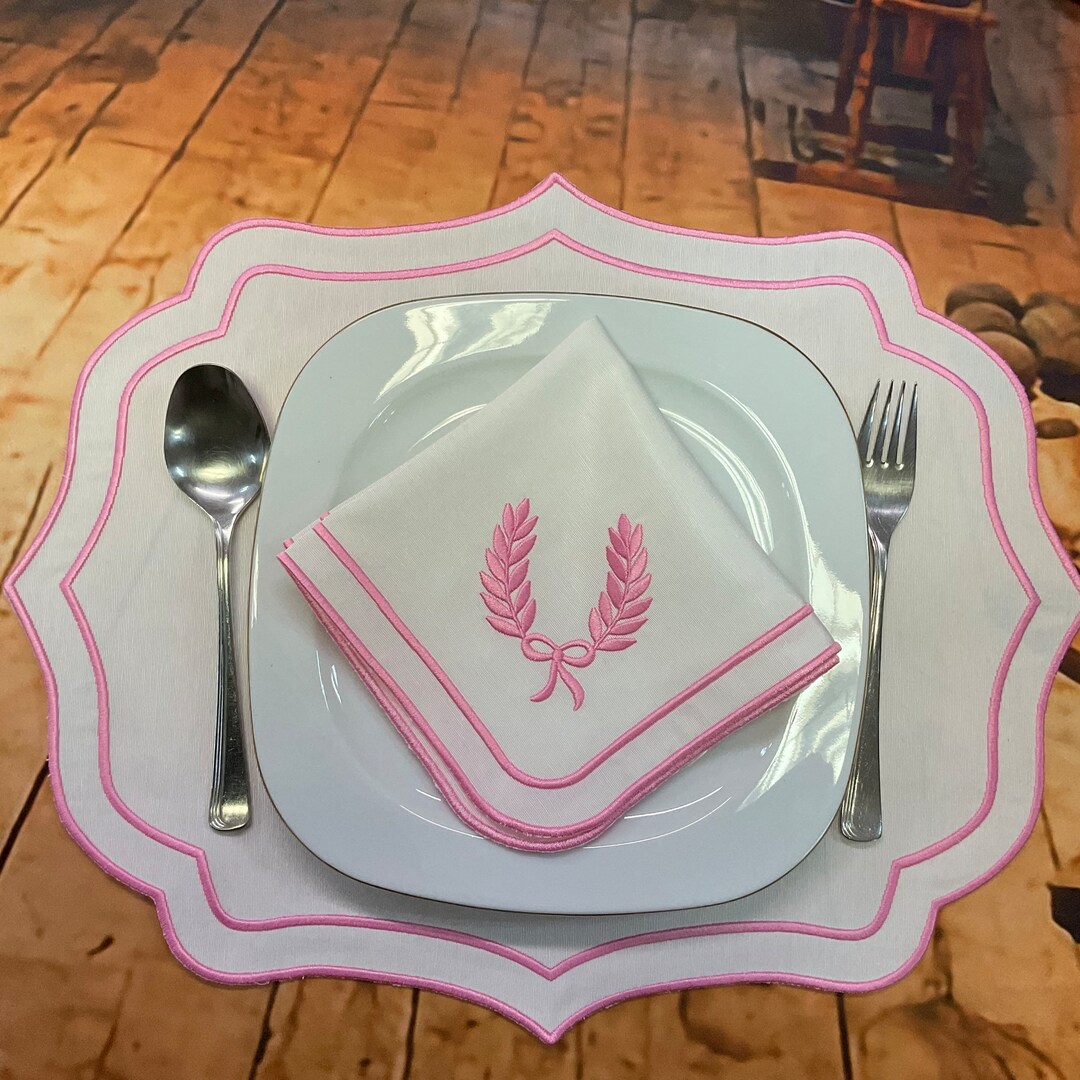 Table Mats and Napkins With Double Pink Scalloped, Wreath Embroidery