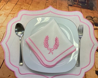 Table mats and napkins with double pink scalloped, wreath embroidery, linen comb for table decor 15x18" white place mats