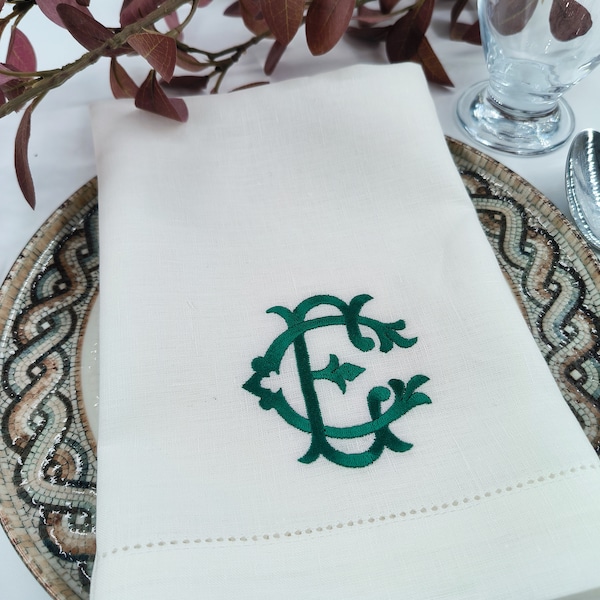 Serviettes de table en lin à monogramme double lettre, serviette de table en lin de mariage personnalisée, serviette de table en lin brodée personnalisée, serviettes de table personnalisées