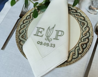 Serviette de table en lin de luxe brodée logo personnalisé, serviettes de mariage, serviettes de table personnalisées, serviette en lin brodée logo personnel, serviette d'anniversaire