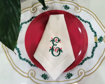 Personalized Embroidered Linen Napkin with Monogram | Custom Christmas Table Decor | Mistletoe Embroidered Linen Napkin | Holiday Gift Idea
