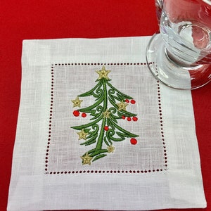 Traditional Christmas Tree Cocktail Napkins,Christmas Tree Pattern Embroidered Napkins,Christmas Linen Napkins,Personalized Beverage Napkins