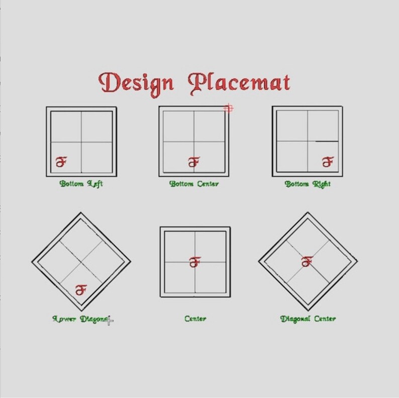 May include: Diagram showing different placement options for a design on a square placemat. The options include bottom left, bottom centre, bottom right, lower diagonal, centre, and diagonal centre.