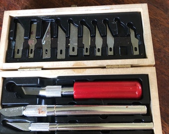 Xacto knife and blade set wooden box vintage