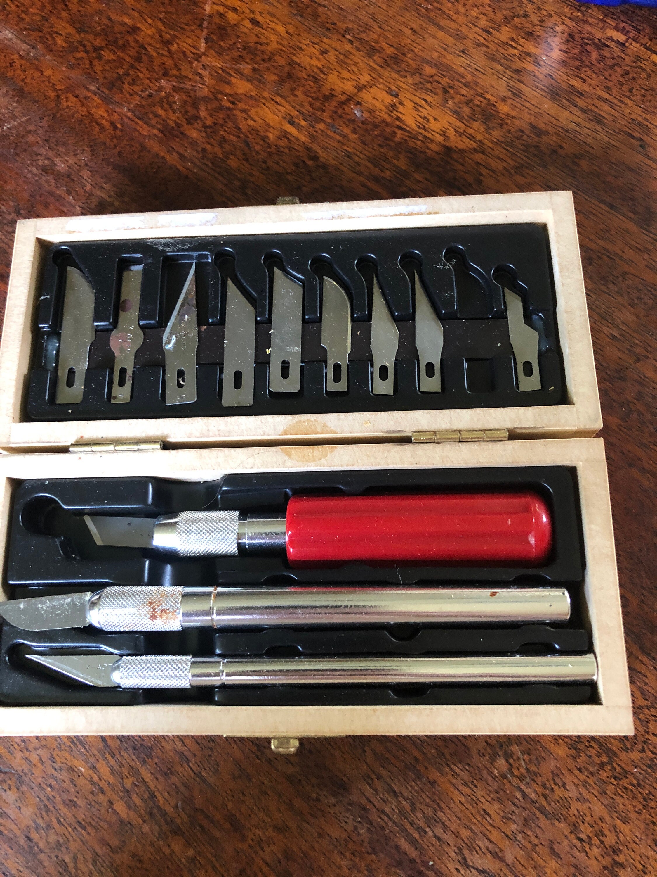 X-acto Hobby Knife Set, Wooden Box, 3 X-acto Handles, 3 Boxes of Blades,  Black Label, Handmade Box, Box Joints 