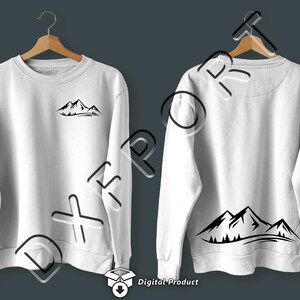 May include: White sweatshirt with a black mountain range design on the front and back. The design on the front is smaller and is located on the left side of the chest. The design on the back is larger and is centered.