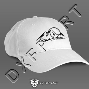 May include: White baseball cap with a black mountain and sun graphic. The graphic features a mountain range with a sun setting behind it.