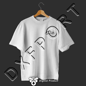 May include: A white t-shirt with a black mountain range design in a circle on the front. The design is simple and minimalist.