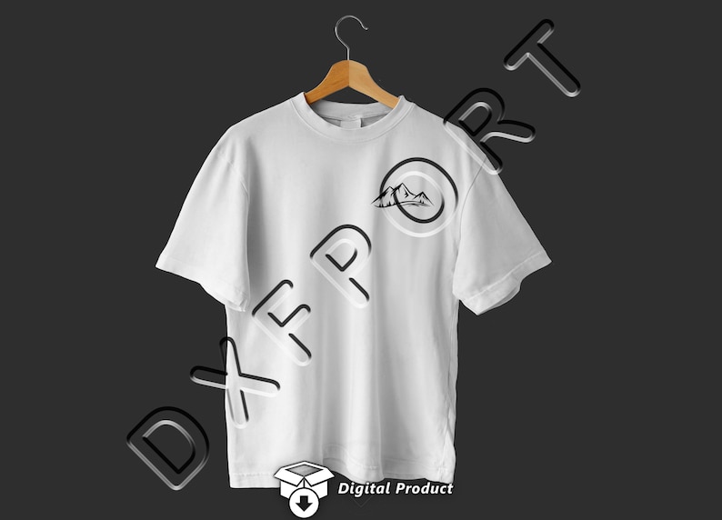 May include: A white t-shirt with a black mountain range design in a circle on the front. The design is simple and minimalist.