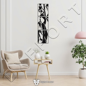 May include: A black and white wall art print featuring a silhouette of a woman standing in front of a bamboo plant. The print is divided into three sections, each with a different pose of the woman.