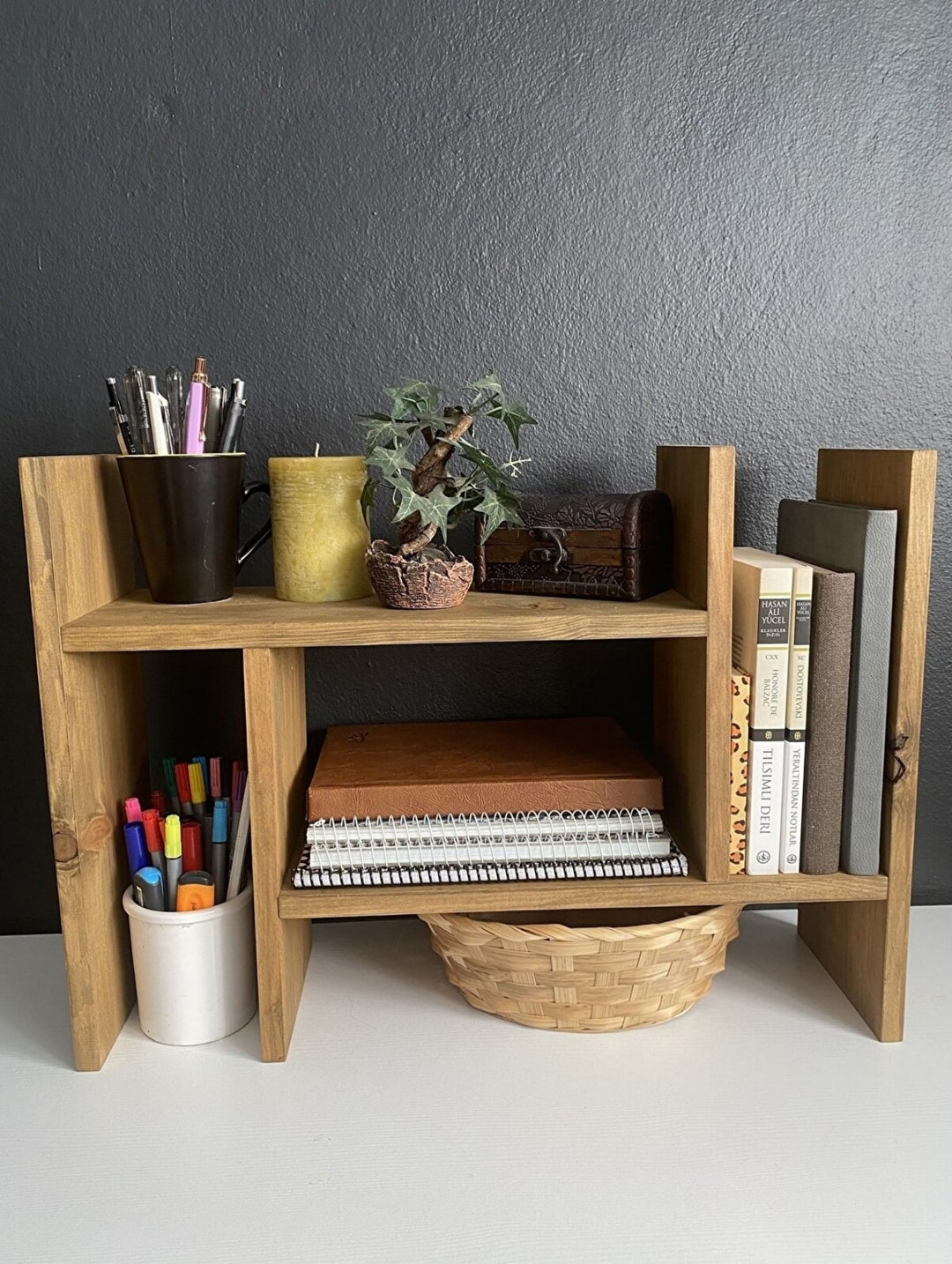 Wooden Bookcase, Desktop Book Organizer, Rustic Spice Editor, Multieye