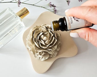 Peony Flower & Irregular Coaster Set| EssentialOil Diffuser| Handcrafted EcoFriendly Jesmonite| Unique Fragrance HomeDecor| Birthday Gift UK