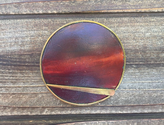 Vintage Leather and Brass Brooch, Pin - image 4
