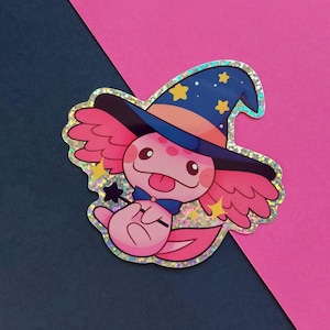 Adesivo Axolotl Wizard (3,15 pollici) Decorazione in vinile glitterato Accessorio carino Bottiglia d'acqua per laptop Kawaii Regalo magico per lei Fantasy Core