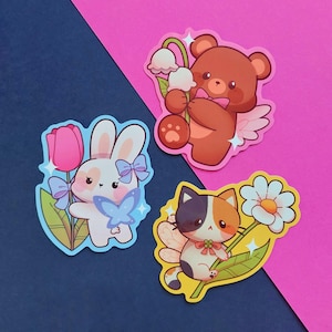 Adesivi in vinile con simpatici fiori e animali (2,8 pollici), decorazione per fata, coniglietto, gatto, orso, floreale, softcore, ragazza, fata, estetica primaverile.