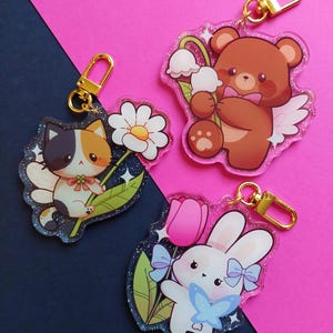 Cute Animal Keychain (2.8 Inch) Charm Decor Accessory Spring Flower Fairy Core Softcore Soft Girl Acrylic Keychain Glitter Double-sided