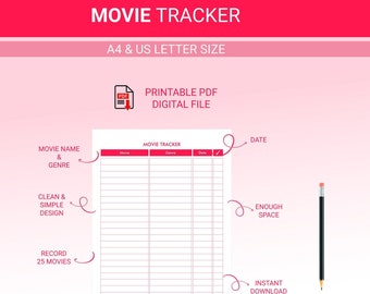 Organizador minimalista de películas / Imprimible / Digital / Planificador de listas de películas / Descarga instantánea / PDF / Tamaños A4 y Carta estadounidense