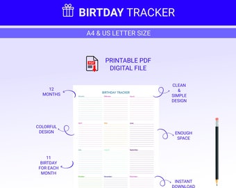 Planificador de cumpleaños minimalista / Imprimible / Digital / Organizador/Planificador de lista de cumpleaños / Descarga instantánea / PDF / Tamaños A4 y Carta de EE. UU.