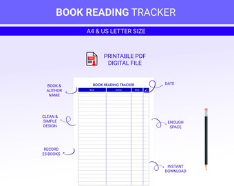 Organizador minimalista de lectura de libros / Imprimible / Digital / Planificador/lista de lectura / Descarga instantánea / PDF / Tamaños A4 y Carta estadounidense