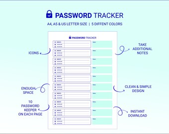 Organizador minimalista de contraseñas / Imprimible / Digital / Planificador de listas de contraseñas / Descarga instantánea / PDF / Tamaños A4, A5 y Carta estadounidense / 5 colores