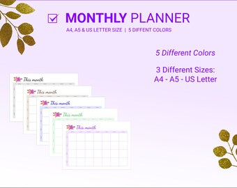 Agenda digital mensual minimalista / Calendario mensual sin fechas / PDF imprimible / Descarga instantánea / Tamaños A4, A5 y Carta estadounidense / 5 colores