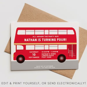 Red London Bus Invite | Red Party Bus | Birthday Party | Edit Yourself | Instant Download | Print At Home | Digital Invite | E-Invite Evite