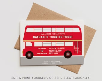 Red London Bus Birthday Party Invite: Editable Template (Digital Download)