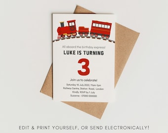 Red Steam Train Birthday Party Invite: Editable Template (Digital Download)