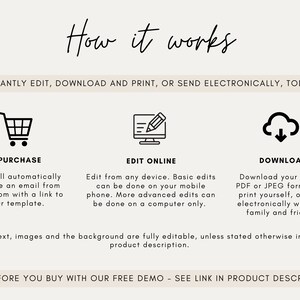 May include: A graphic showing how to purchase, edit, and download a digital printable. The graphic includes three icons: a shopping cart, a computer screen with a pencil, and a cloud with a downward arrow. The text "INSTANTLY EDIT, DOWNLOAD AND PRINT, OR SEND ELECTRONICALLY, TODAY!" is at the top of the graphic. The text "TRY BEFORE YOU BUY WITH OUR FREE DEMO - SEE LINK IN PRODUCT DESCRIPTION!" is at the bottom of the graphic.