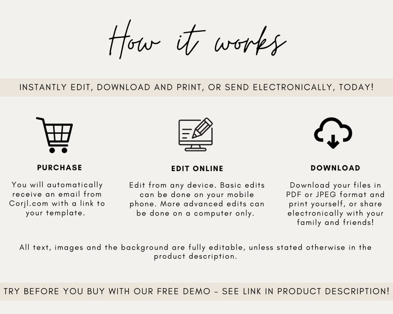 May include: A graphic showing how to purchase, edit, and download a digital printable. The graphic includes three icons: a shopping cart, a computer screen with a pencil, and a cloud with a downward arrow. The text "INSTANTLY EDIT, DOWNLOAD AND PRINT, OR SEND ELECTRONICALLY, TODAY!" is at the top of the graphic. The text "TRY BEFORE YOU BUY WITH OUR FREE DEMO - SEE LINK IN PRODUCT DESCRIPTION!" is at the bottom of the graphic.