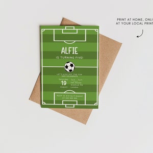 May include: Green and white soccer-themed birthday invitation for a boy turning five. The invitation features a soccer ball, a soccer field, and the text "Alfie is turning five!"  Let's kick off the fun and celebrate. Saturday, August 19th, 2pm - 4pm. Stadium Rd, London. RSVP to Kim by 5 August.