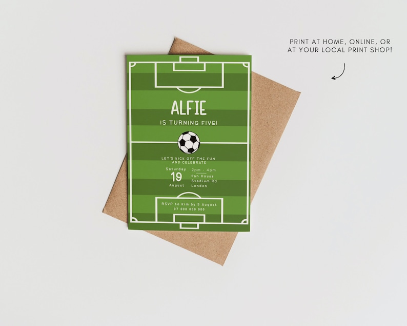 May include: Green and white soccer-themed birthday invitation for a boy turning five. The invitation features a soccer ball, a soccer field, and the text "Alfie is turning five!"  Let's kick off the fun and celebrate. Saturday, August 19th, 2pm - 4pm. Stadium Rd, London. RSVP to Kim by 5 August.