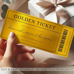 Bearbeitbare Goldene Geschenkkarte | Print at home Geburtstagsgutschein | Date Nacht | Valentinstag | Digitales Geschenk Überraschung Golden Ticket | Beliebiger Text