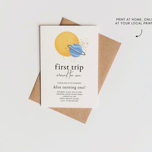 May include: A white invitation card with a yellow sun and blue planet graphic. The text reads "first trip around the sun" and "Alex turning one!" with details for a birthday party.