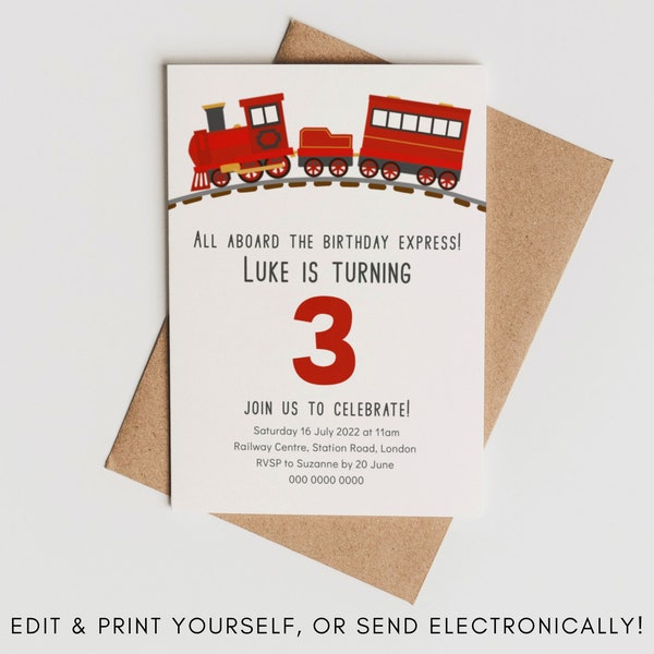 Steam Train Invite | Red Train | Birthday Party | Edit Yourself | Instant Download | Print At Home | Digital Invite | E-Invite Evite