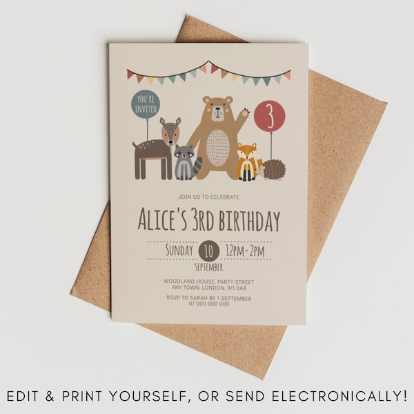 Scandi Woodland Animals Birthday Party Invite | Edit Yourself | Instant Download | Print At Home | Digital Invite | E-Invite Evite