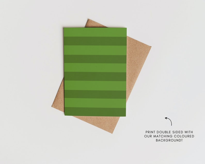 May include: A green and white striped card with the text "PRINT DOUBLE SIDED WITH OUR MATCHING COLOURED BACKGROUND!" printed on the bottom right corner.