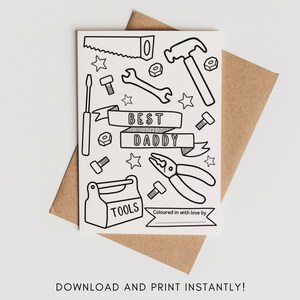 Biglietto stampabile per miglior papà/Cartolina da colorare per papà/Stampa a casa/Download istantaneo/Carta cassetta degli attrezzi/Carta da colorare