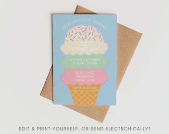 May include: A blue and white ice cream cone birthday party invitation with the text "You're invited to celebrate Ellie's 6th Birthday". The invitation includes the date, time, and location of the party, as well as an RSVP date.