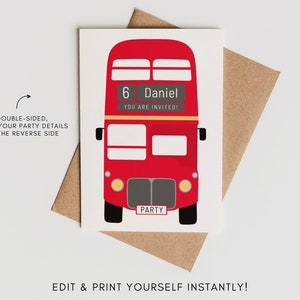 Red London Bus Invite | Red Party Bus | Birthday Party | Edit Yourself | Instant Download | Print At Home | Digital Invite | E-Invite Evite