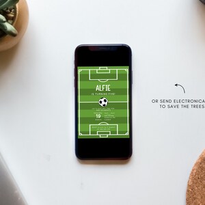 May include: A green and white soccer field themed birthday invitation for a boy named Alfie turning five. The invitation includes a soccer ball graphic and the text "Let's kick off the fun for Alfie's 5th Birthday!"  The invitation also includes the date, time, location, and RSVP information.