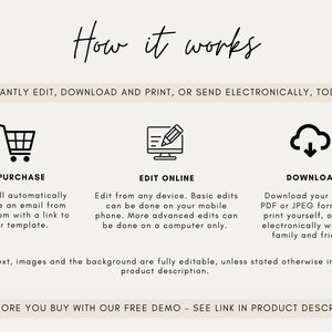 May include: A graphic showing how to purchase, edit, and download a digital printable. The graphic includes three icons: a shopping cart, a computer screen with a pencil, and a cloud with a downward arrow. The text "INSTANTLY EDIT, DOWNLOAD AND PRINT, OR SEND ELECTRONICALLY, TODAY!" is at the top of the graphic. The text "TRY BEFORE YOU BUY WITH OUR FREE DEMO - SEE LINK IN PRODUCT DESCRIPTION!" is at the bottom of the graphic.