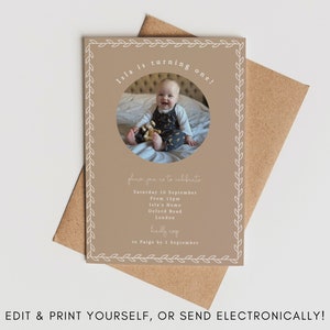 Photo Birthday Party Invite | Neutral Beige Invite With Photo | Edit Yourself | Instant Download | Print At Home | Digital Invite | Evite
