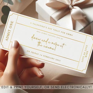 Boleto de regalo editable / Vale de cumpleaños para imprimir en casa / Vale para una cita romántica / Vale de regalo digital Boleto dorado sorpresa / Cualquier texto