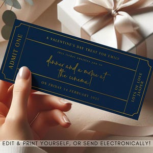Boleto de regalo editable / Vale de cumpleaños para imprimir en casa / Vale para una cita romántica / Vale de regalo digital Boleto dorado sorpresa / Cualquier texto