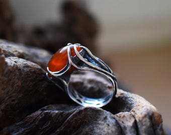 Carnelian Elven Ring, Silver Jewelry, Fairy Goth Style, Size 7 1/4 US
