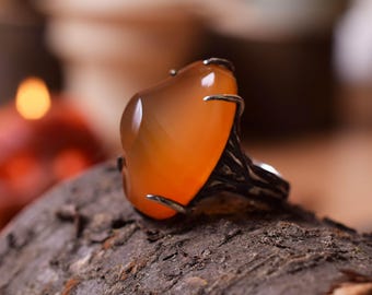 Carnelian Ring – Orange Gemstone Jewelry • Freeform Cabochon • Boho Statement